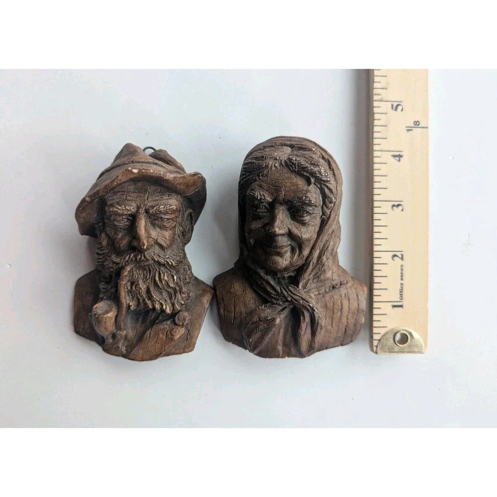 Vintage Folk Peasant Art Hand Faux Carved Wood Figure Wall Plague